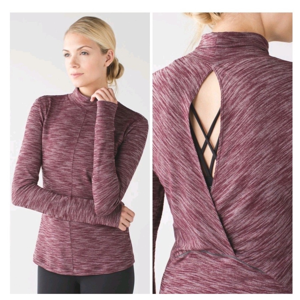 Lululemon & Go Take-Off Sz 8 Long Sleeve Open Back Top Mock Neck Bordeaux Pocket